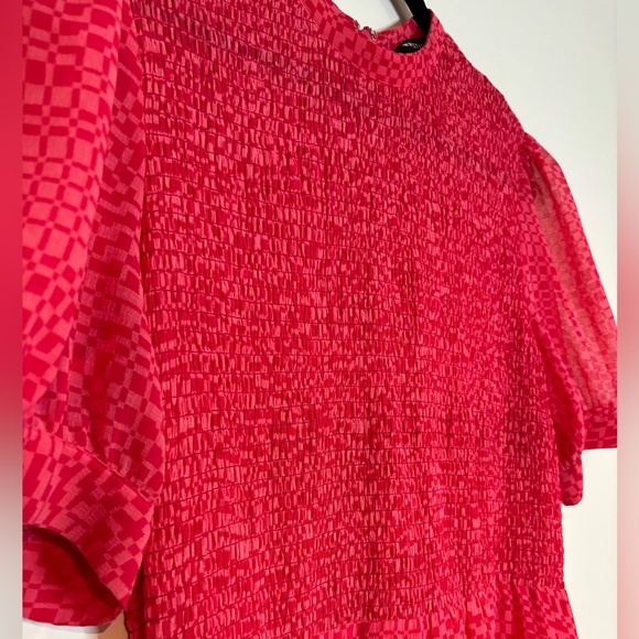 Whistles Shirred Checkerboard Pink Print Midi Dress - Picture 5 of 8